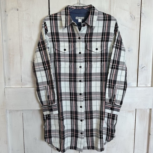 Outerknown Blanket Shirt Dress White Black Pink Plaid Long Sleeve Size Small NWT - Picture 5 of 14